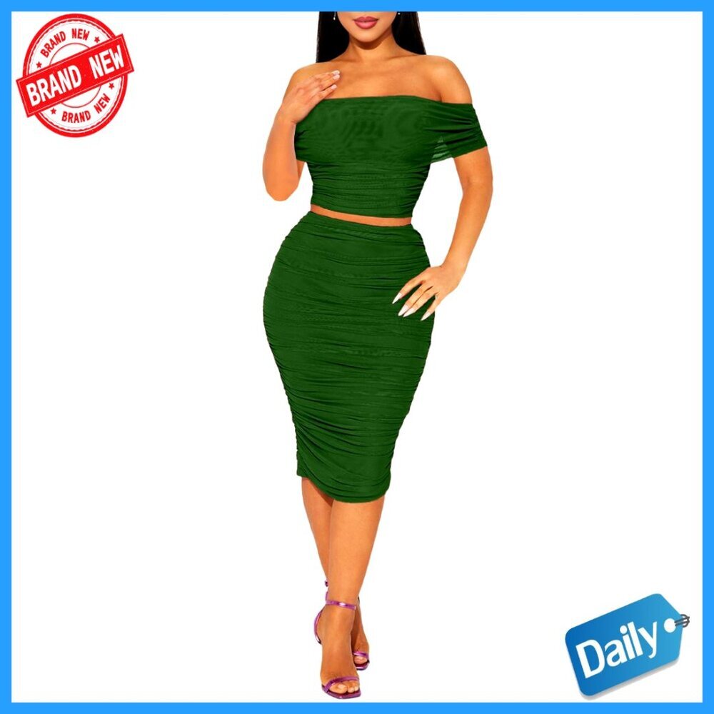 Mesh Ruched Bodycon Tube Top Midi Dress 2 Piece Set Club Outfit